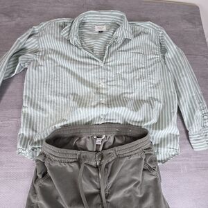 American Eagle Striped Button Up + Olive Shorts Set M Casual Summer Outfit
